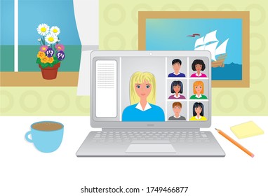 Work at home, study at home. Concept with different people online. You find more alternatives in  portfolio. Vector illustration.