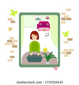 Work from home. Study at home. Woman working at home at  the computer. Isolated vector illustration on white background in a flat style. Stay at home.