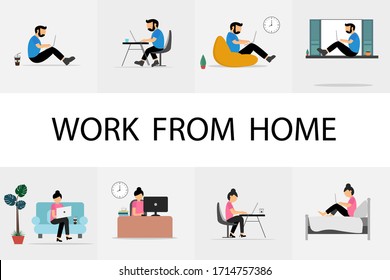 Work from home. Team working on laptop at home. Vector illustration