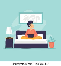 Work from home. Telework. Man on the bed at home works on the Internet. Flat design vector illustration.