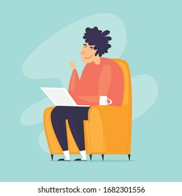 Work from home. Telework. Man sits in a chair at home working on the Internet. Flat design vector illustration.
