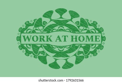Work at Home text inside Green stroke badge. Eco luxurious background. Artistic illustration. 