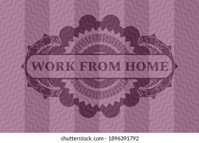 Work from home text inside pink wavy badge. Curve graceful background. Vector illustration. 