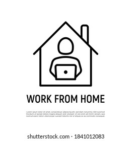 Arbeiten Sie von zu Hause dünne Linie Symbol. Mann mit Laptop im Haus. Fernbedienung, freiberuflich. Vektorgrafik.
