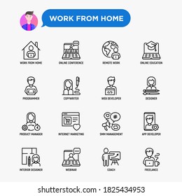 Work from home thin line icons set: online conference, freelancer, online education, programmer, developer, copywriter, web designer, product manager, internet marketing. Vector illustration.