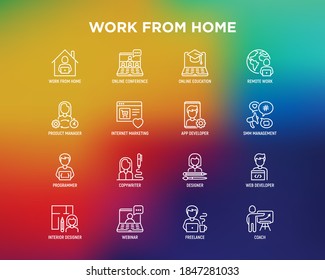 Work from home thin line icons set: online conference, freelancer, online education, programmer, developer, copywriter, web designer, product manager, internet marketing. Vector illustration.