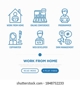 Arbeiten Sie von zu Hause aus dünnen Linie Symbole Set: Online-Konferenz, Freiberufler, Online-Ausbildung, Programmierer, Entwickler, smm Manager. Vektorgrafik.