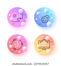 Work home, Time management and Journey minimal line icons. 3d spheres or balls buttons. Green electricity icons. For web, application, printing. Freelance work, Settings, Trip distance. Vector