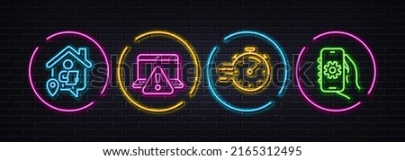 Work home, Timer and Online warning minimal line icons. Neon laser 3d lights. App settings icons. For web, application, printing. Freelance work, Deadline management, Website alert. Vector