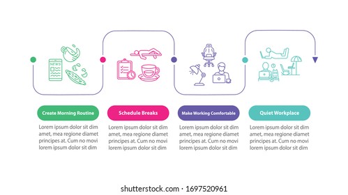 Work at home tips vector infographic template. Breaks and quiet workplace presentation design elements. Data visualization with 4 steps. Process timeline chart. Workflow layout with linear icons