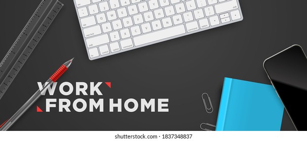 Work from home top view school objects. flat lay office desk workspace realistic vector background