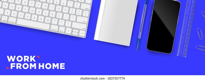 Work from home top view school and office realistic isolated objects vector template for decorative mockup
