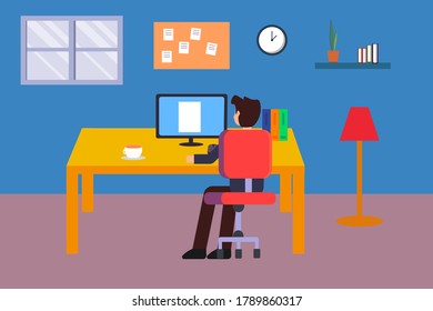 Work from Home vector concept: businessman working on his desktop in his room