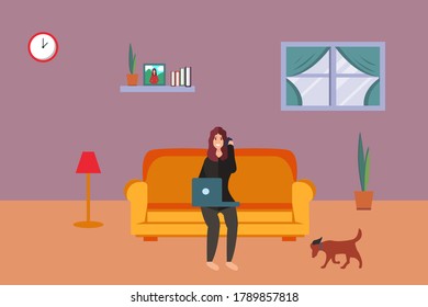 Work from Home vector concept: businesswoman calling someone happily while working in the living room