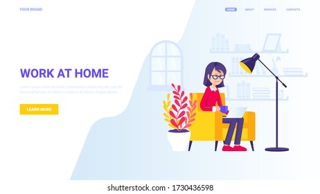 Work at home vector concept for website, landing page, hero image, banner, print. Freelancer works at home in armchair on her laptop. Vector illustration in modern flat style with female character.