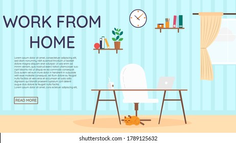 Work From Home Vector with Desk, Chair, Laptop, Clock and Books