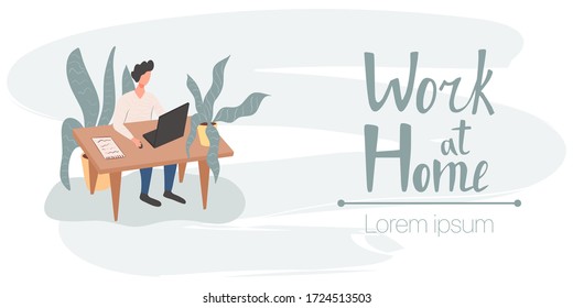 Work at home vector flat banner template with hand drawn lettering.