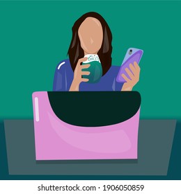 Work at home vector flat ilustration, women drink with laptop and hanphone