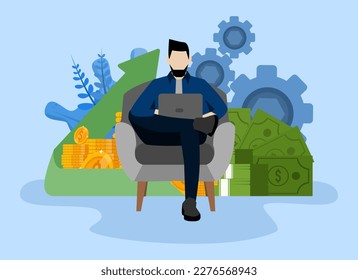 Work at home vector flat style illustration. Online career. Workspace illustration. Male freelancer working on laptop at home. In house developer.