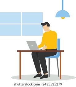 Work at home vector flat style illustration. Online career. Workspace illustration. Male freelancer working on laptop at home. In house developer.