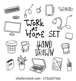 Work at home - vector hand drawn set for a computer freelancer; student of online courses, programmer, copywriter, editor, web designer. Vector hand-drawn collection of elements with sketch technique