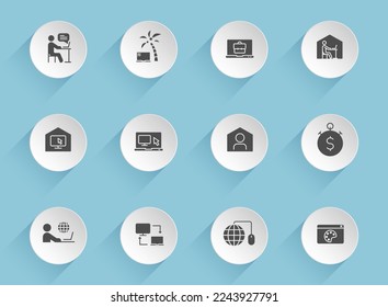 work at home vector icons on round puffy paper circles with transparent shadows on blue background. work at home stock vector icons for web, mobile and user interface design