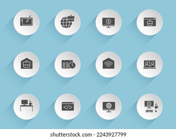 work at home vector icons on round puffy paper circles with transparent shadows on blue background. work at home stock vector icons for web, mobile and user interface design