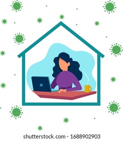 Work from home vector illustration to avoid the crowed at company and prevention of corona virus with laptop she is working from home concept as   Precaution pandemic