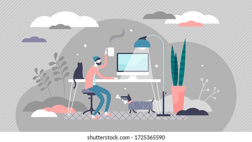 Work from home vector illustration. Distance workplace flat tiny persons concept. Freelancer workspace inside modern house. Classical desk for digital professional online job. Distant office solution.