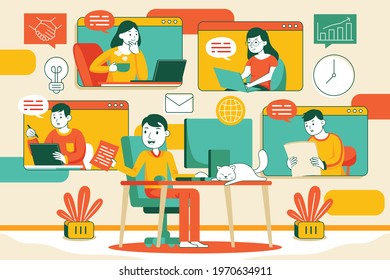 Work From Home Vector Illustration in Flat Design Style