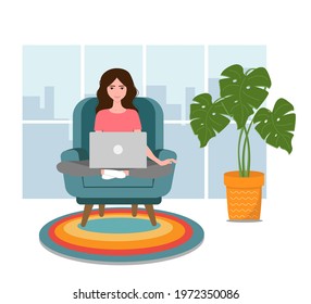 Work at home vector illustration, flat cartoon style. Girl with laptop sitting on the chair. Distance learning online education. Woman studying with laptop.