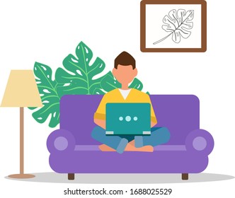 Work from home vector illustration isolated not white background. A man with a laptop sits on the couch and works. Freelance. Free schedule. Full time work day.