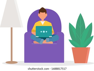 Work from home vector illustration isolated on white background. Flat style. A man sits on a chair with a laptop. Near a flower in a pot and a lamp. Online training or work. For posters.