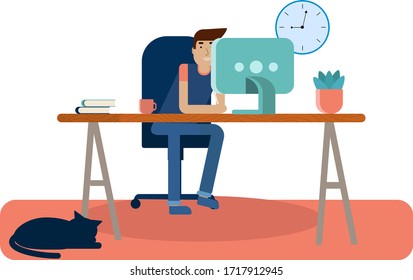 Arbeit von zu Hause, Vektorillustration Illustration einzeln auf weißem Hintergrund. Ein Mann sitzt auf einem Stuhl am Tisch, arbeitet an einem Computer. Tisch, Stuhl, Katze, Computer. Für die Gestaltung von Plakaten und Flyern.