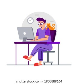 work from home vector illustration. Modern colorful flat Illustration design of a man working online with a cat on his shoulder. Concept of Work from home vector.