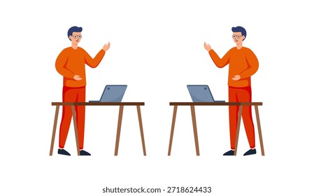 Ilustração do vetor de trabalho em casa mostrando um homem trabalhando remotamente com o laptop na mesa. Conceito de design plano de trabalho remoto, reunião on-line, comunicação digital, trabalho freelance e estilo de vida de trabalho moderno. 