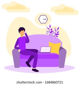 Work from home vector illustration. Stylized and abstract freelancer work with computer in cozy room. Flat example with job at empleyee own house or apartment without office workplace. Hipster feeling