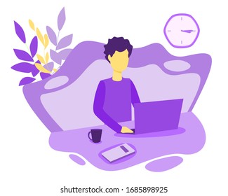 Work from home vector illustration. Stylized and abstract freelancer work with computer in cozy room. Flat example with job at empleyee own house or apartment without office workplace. Hipster feeling