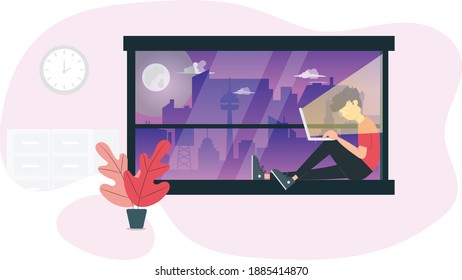 Ilustración vectorial de trabajo desde casa . Joven sentado en la ventana haciendo su trabajo de noche
