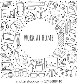 Work at home. Vector isolated illustration with work environment elements on a white background. Freelance work. Individual elements in the office. Printing on banners, posters, paper. Doodle style. 