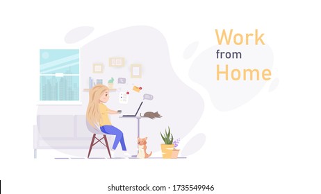 Work at home vector, worker woman with pets in quarantine, people activity, home decoration cartoon character flat design, home interior design illustration