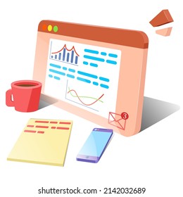 Work at home via the Internet. 3d model of a computer screen, mobile phone, notepad, coffee cup. Vector graphics on a white background