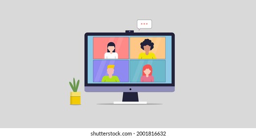 Work from home, Video conference, Video call, online business meeting, online communication, people at online meeting - conceptual flat design vector illustration with characters