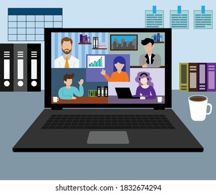 Work From Home. Video conference. Online meeting illustration. Stay at home. People working online. New normal and social distance. 