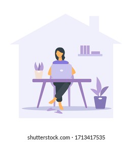 Arbeiten Sie von zu Hause aus im Virus-Ausbruch, sozial distanzierenden Unternehmen ermöglichen die Arbeit der Angestellten zu Hause, um eine Virusinfektion zu verhindern. Frau mit Haustier, Laptop, Schreibtisch, Vektorillustration für Webbanner, Landing-Page