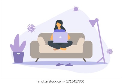 Work from home in virus outbreak, social distancing work at home to prevent virus infection. Distant education. Woman with houseplant, laptop, sofa, floor lamp. Vector for web banner, landing page