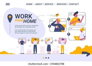 trabajo desde plantilla web doméstica, servicios independientes, plantilla web de pantalla de dibujos animados para teléfono móvil, página de inicio, plantilla, interfaz de usuario, web, aplicación móvil, afiche, banner, ilustración de vector plano