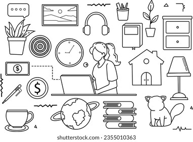 trabajo desde casa WFH Line Icon Sketch, Construcción Doodle Icon, Hand Made Vector Art