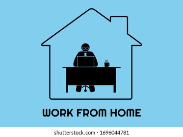 work from home WFH man with laptop on and hot coffee, social distancing company allow employee work at home to prevent virus infection, icon of a stick figure person working at home
