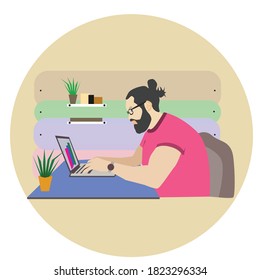 Trabajo desde casa en la Panorámica Ilustración de Cuarentena de Corona - Hombre con barba y pelo largo Nueva normalidad